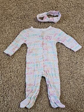 bebe Multicolor Logo Ribbed Footed One-Piece with Headband